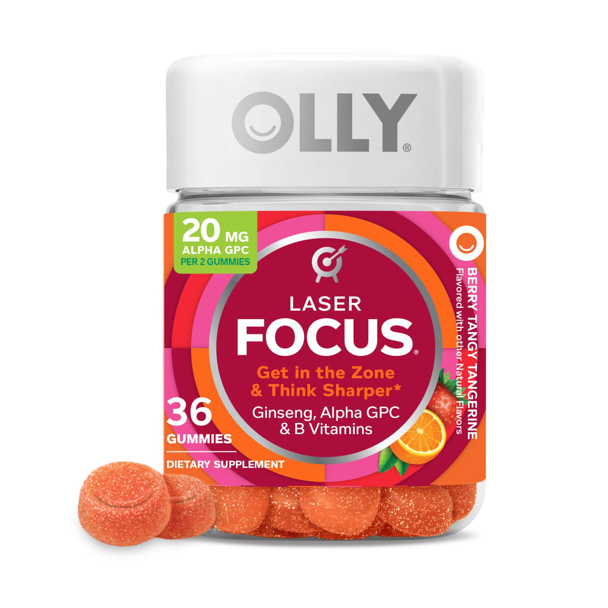 OLLY Laser Focus Gummy, Ginseng, Alpha GPC, B Vitamins, Berry Tangerine Flavor - 36 Count OLLYBuy Supplements Australia