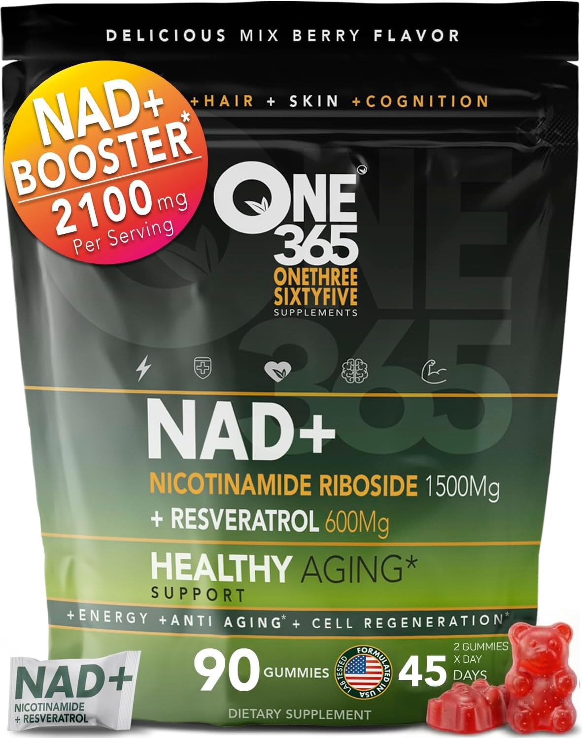 ONE 365 NAD+ Supplement Gummies Nicotinamide Riboside Resveratrol Cellular Energy Healthy Aging Support Antioxidant NAD Plus Booster for Women and Men Vegan Non GMO 1500mg Gummy Vitamins ONE 365Buy Supplements Australia
