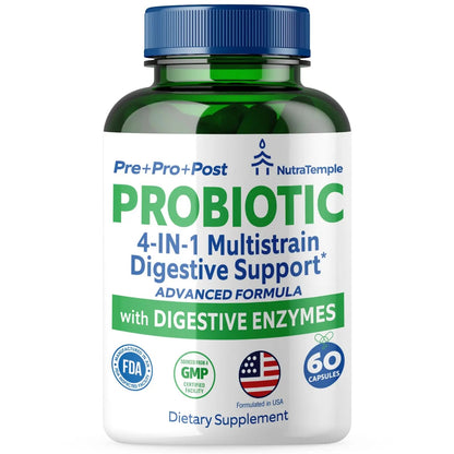 NUTRATEMPLE 4 in 1 Pre Post Probiotics & Digestive Enzymes for Women & Men - Digestive Health, Gut & Immune Support for Occasional Constipation, Diarrhea, Gas & Bloating – 60 Veggie Capsules NUTRATEMPLEBuy Supplements Australia