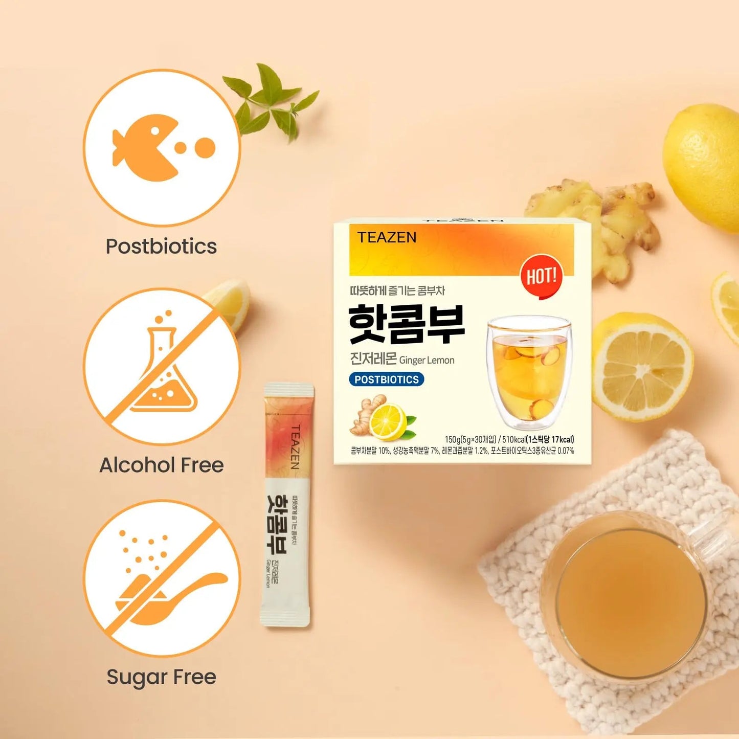 TEAZEN Lemon Ginger Hot Kombucha Tea, Live Probiotics & Postbiotics, Relaxation and Warmth for Colds and Sore Throat, Hydration Drink Mix, Sugar Free, 30 Sticks, 5.29oz TEAZENBuy Supplements Australia