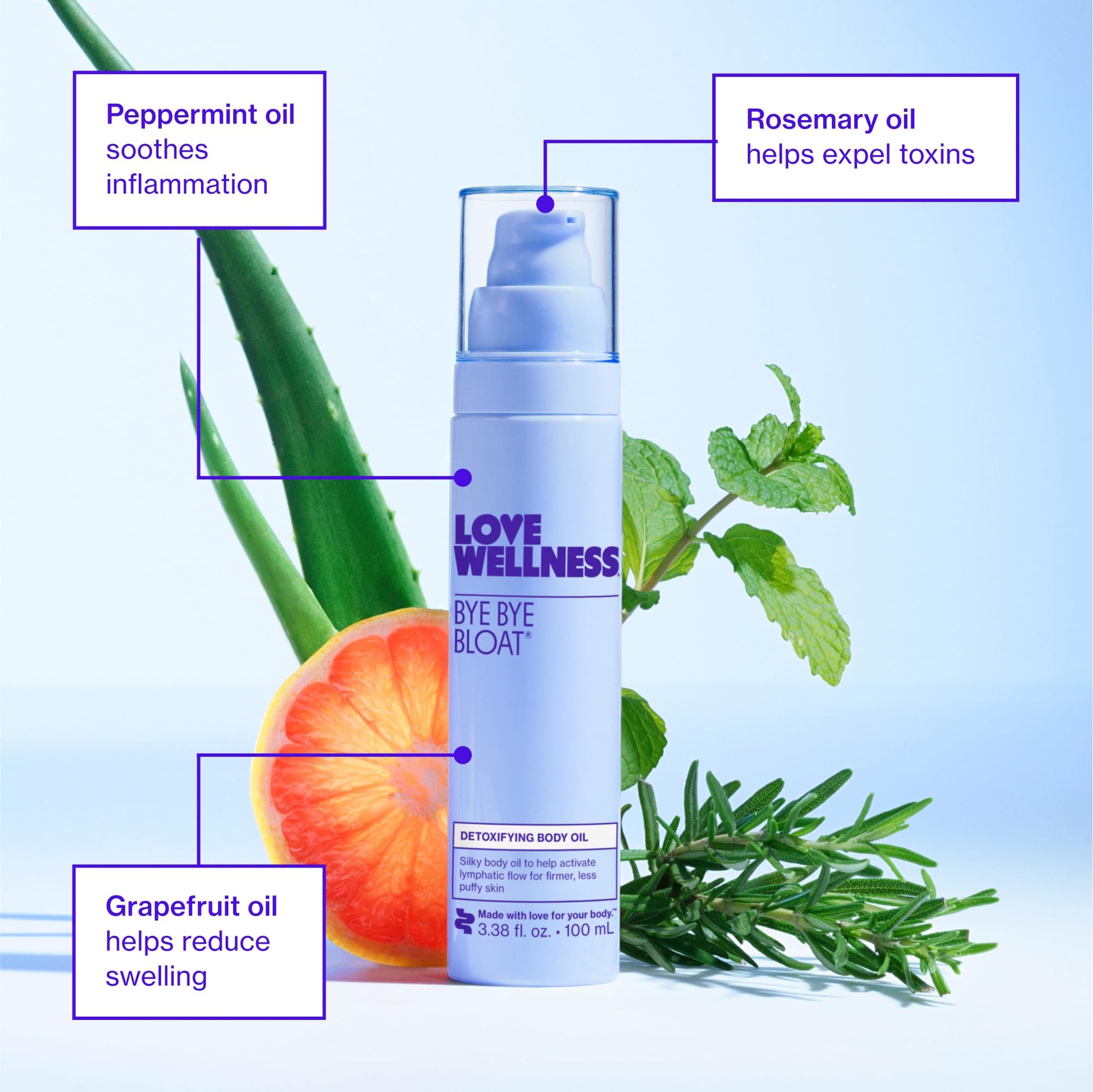 Love Wellness Bye Bye Bloat Detoxifying Body Oil | Lymphatic Drainage Oil to Hydrate, Depuff & Awaken Skin | Reduce Swelling Massage Oil for Women with Peppermint, Grapefruit & Rosemary Oil |100 mL Love WellnessBuy Supplements Australia