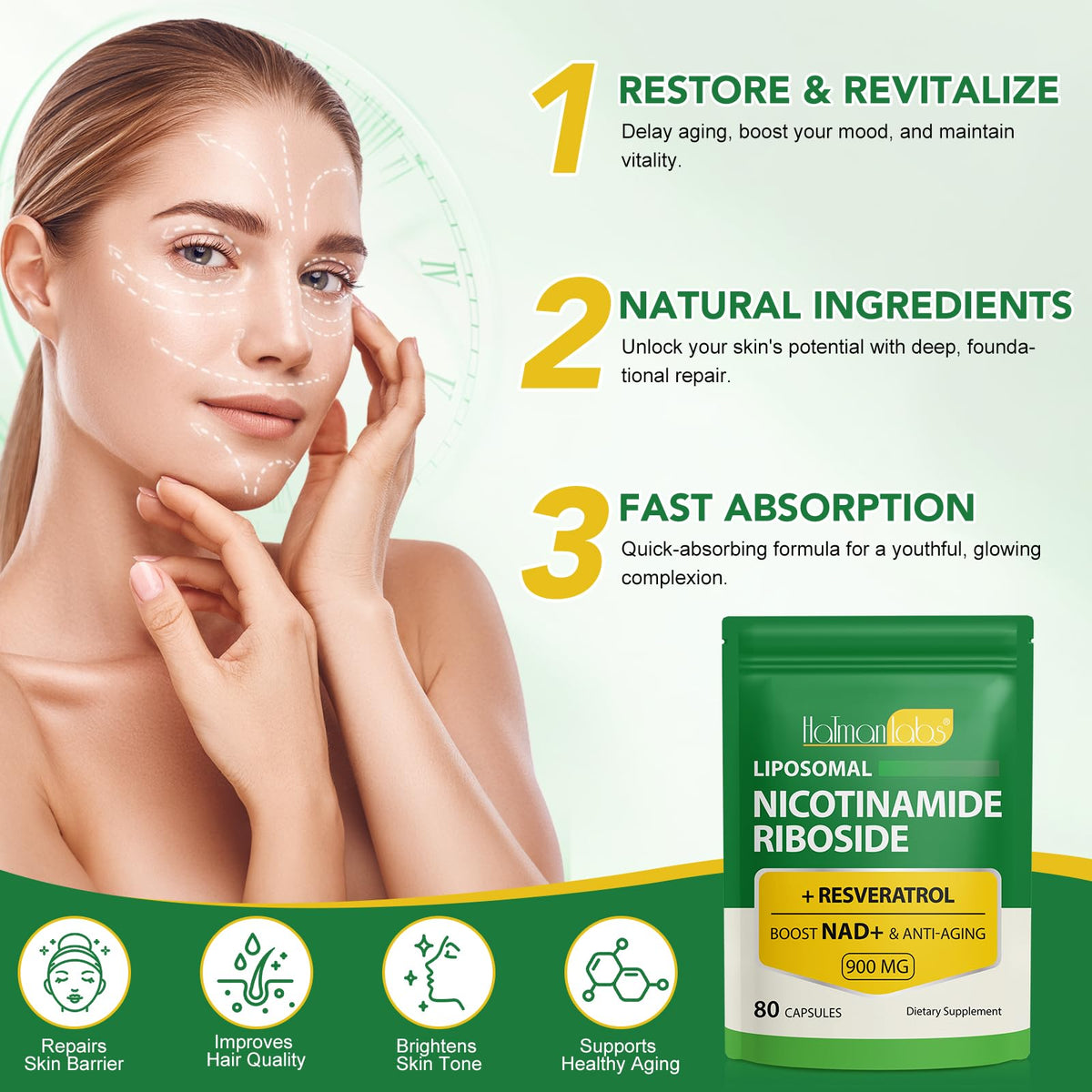 NAD Supplement - Liposomal Nicotinamide Riboside 900mg, Resveratrol, Quercetin - High Purity NAD Supplement for Energy, Support Cellular Health, Stamina & Healthy Aging - Ultra Strength 80 Capsules MXCZBSMBuy Supplements Australia