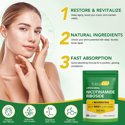 NAD Supplement - Liposomal Nicotinamide Riboside 900mg, Resveratrol, Quercetin - High Purity NAD Supplement for Energy, Support Cellular Health, Stamina & Healthy Aging - Ultra Strength 80 Capsules MXCZBSMBuy Supplements Australia