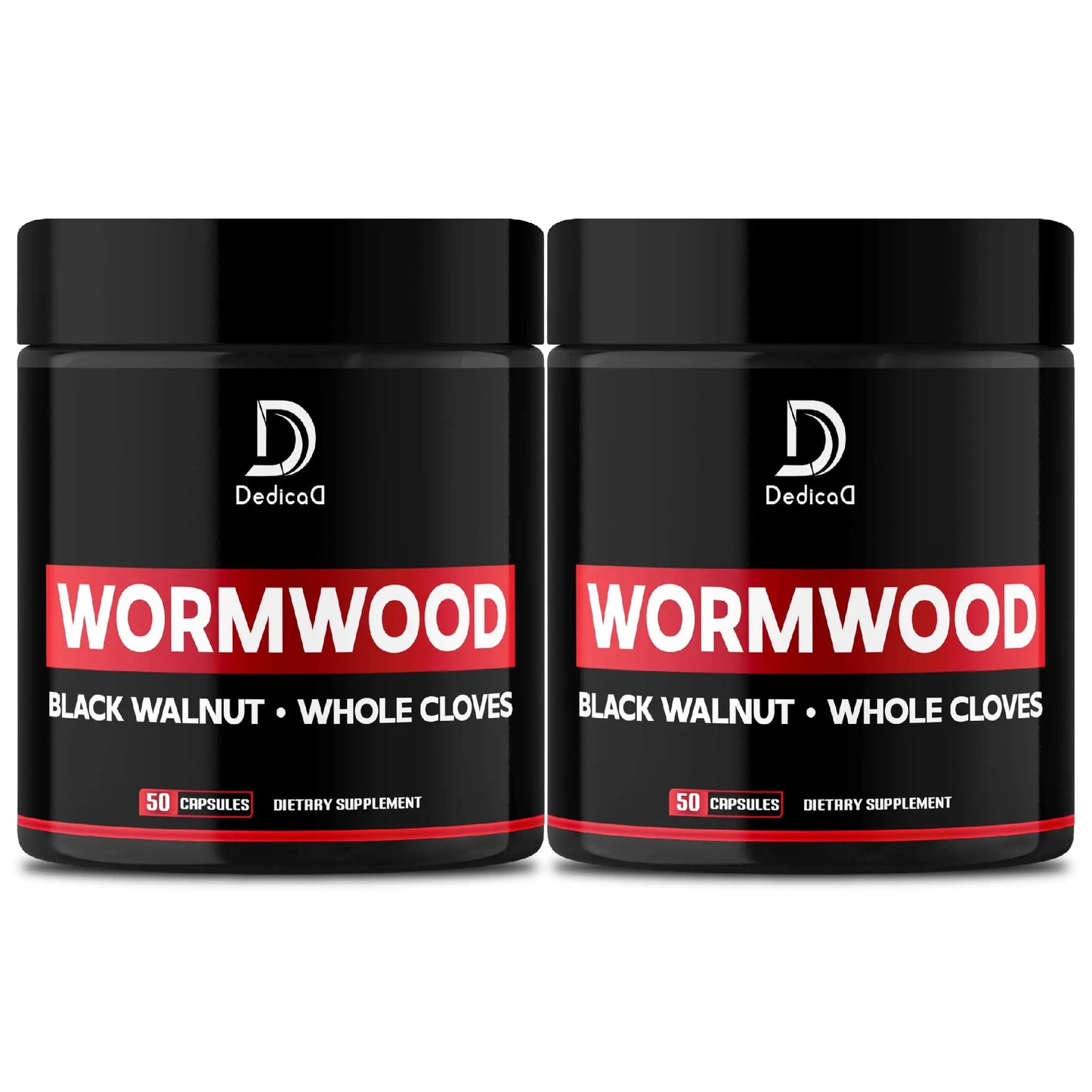 Two black jars of 'Wormwood' dietary supplement with red labels on a white background.