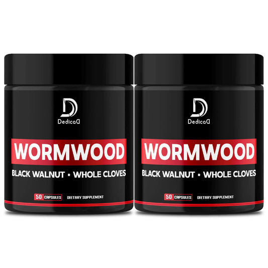 Two black jars of 'Wormwood' dietary supplement with red labels on a white background.