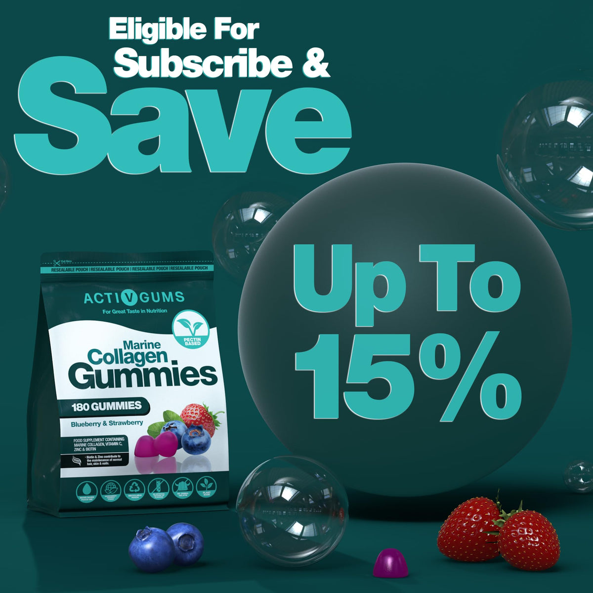 Marine Collagen Complex 180 Gummies. Strawberry & Blueberry Flavour. Resealable & Recyclable Pouch. Contains Marine Collagen, Vitamin C Activ GumsBuy Supplements Australia