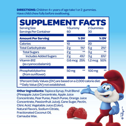 The Smurfs Nootropic Gummies for Kids with Vitamin B12 & L-Theanine | Laser Focus Gummy for Focus and Memory Supplements | Made with Real Fruit in a Smurf Berry | Doctor Developed | 60 Vegan Gummies VITABURSTBuy Supplements Australia