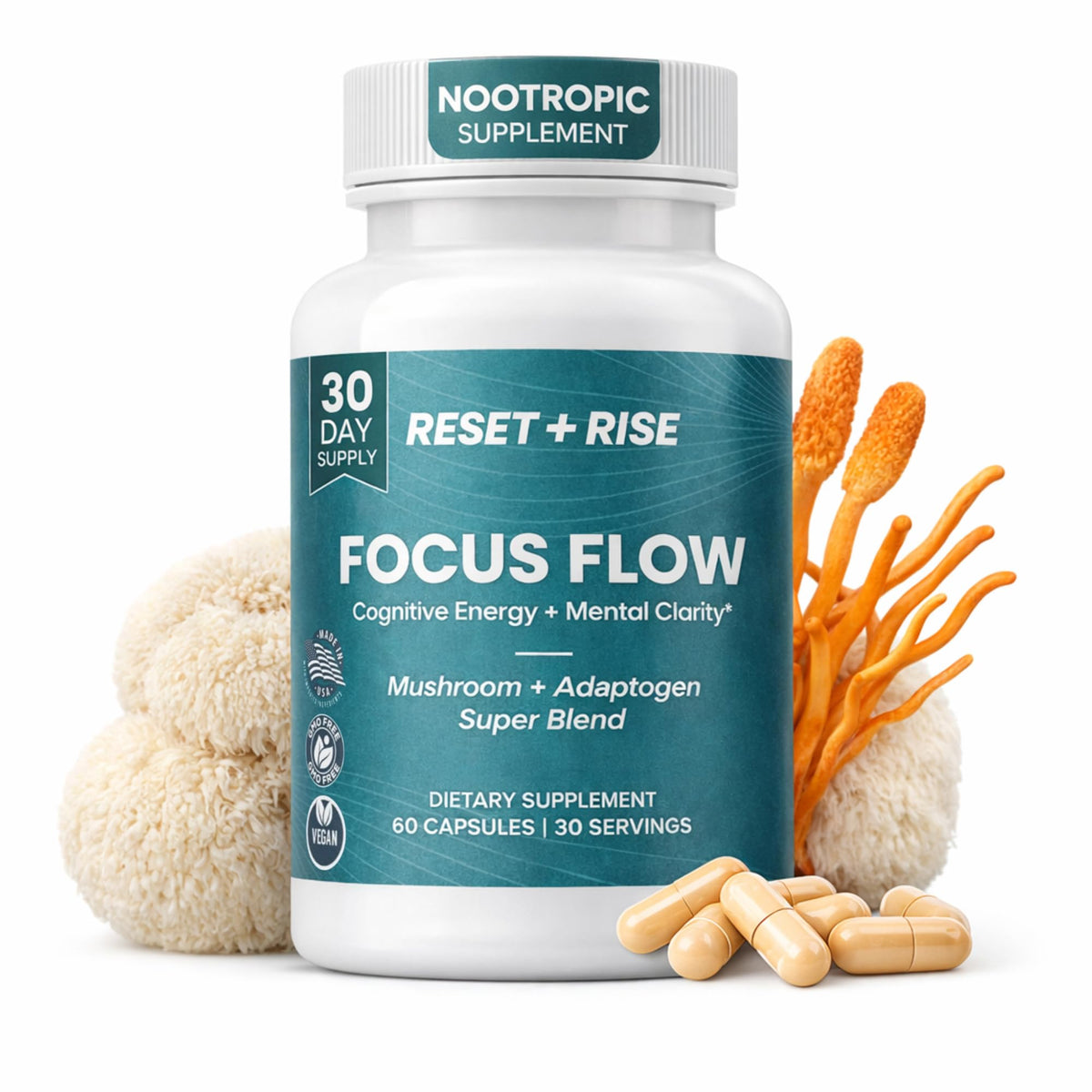Nootropic Brain Supplement with Lion’s Mane Mushroom, Cordyceps & Rhodiola Rosea Extract - Focus and Energy Supplement, Adaptogen for Brain Health, Mental Clarity, Memory & Mood Support - 60 Capsules Reset+RiseBuy Supplements Australia