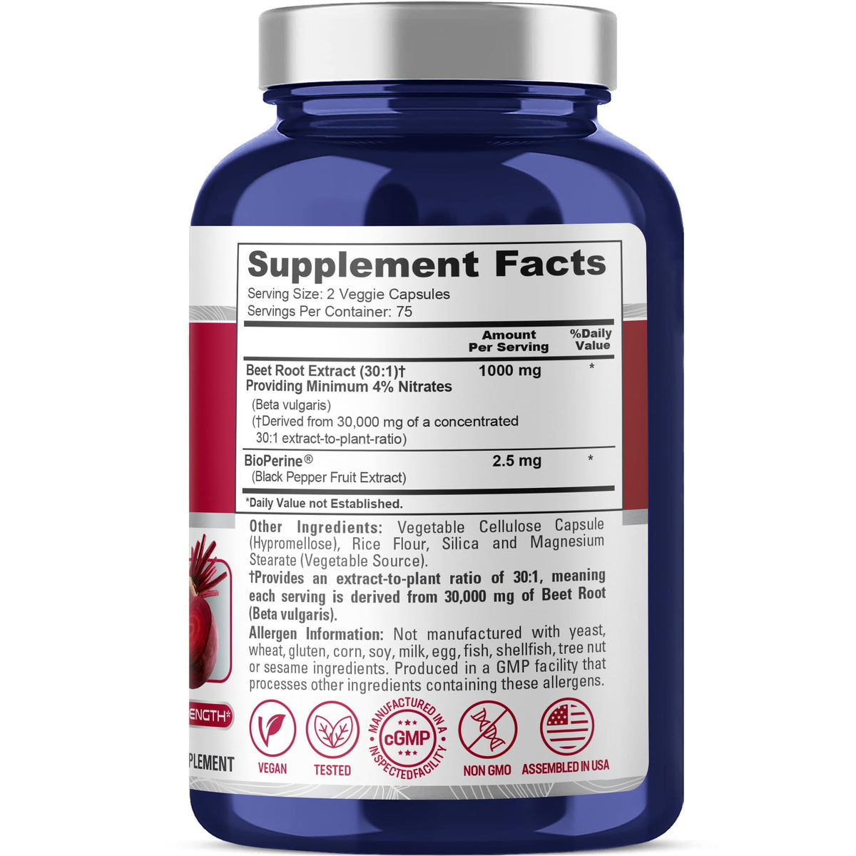 NusaPure Beet Root 30:1 Extract, 1000 mg Equivalent to 30,000 mg 150 Veggie caps (Vegan, Non-GMO & Vegan 4% Nitrates) Bioperine NusaPureBuy Supplements Australia