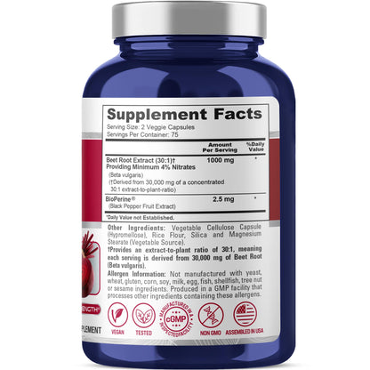 NusaPure Beet Root 30:1 Extract, 1000 mg Equivalent to 30,000 mg 150 Veggie caps (Vegan, Non-GMO & Vegan 4% Nitrates) Bioperine NusaPureBuy Supplements Australia