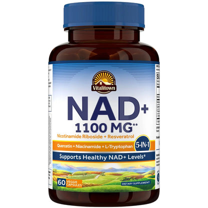 Vitalitown 5 in 1 NAD+, NMN Supplement Alternatives, Nicotinamide Riboside (NR), Trans-Resveratrol, Quercetin, Niacinamide, L-Tryptophan, for Cellular Energy, Heart, Skin, 60 Veggie Capsules VitalitownBuy Supplements Australia