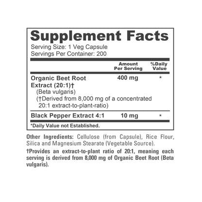 NusaPure Organic Beet Root 20:1 Extract, 400 mg Equivalent to 8,000 mg - Black Pepper 4:1 Extract, 10 mg - 200 Veggie caps (Vegan, Non-GMO) NusaPureBuy Supplements Australia