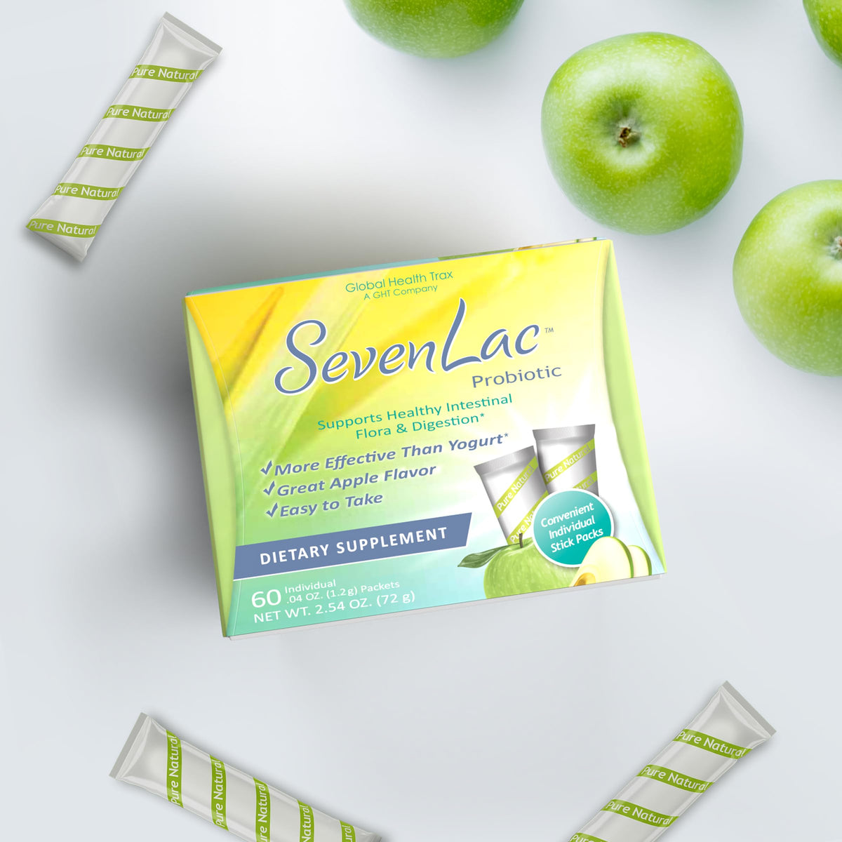 Global Health Trax SevenLac Apple Probiotic Powder Drink Mix, Probiotics for Women, Men, and Kids – Smooth Digestive Support - Relieves Constipation and Gas – 60 Packets, 2.54 Oz, Non-GMO, Gluten-Free ght Global Health TraxBuy Supplements Australia