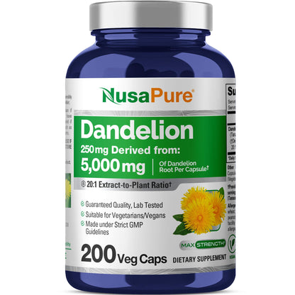 NusaPure Dandelion Root 20:1 Extract, 250 mg Equivalent to 5000mg 200 Veg Capsules (Vegan, Non-GMO) NusaPureBuy Supplements Australia