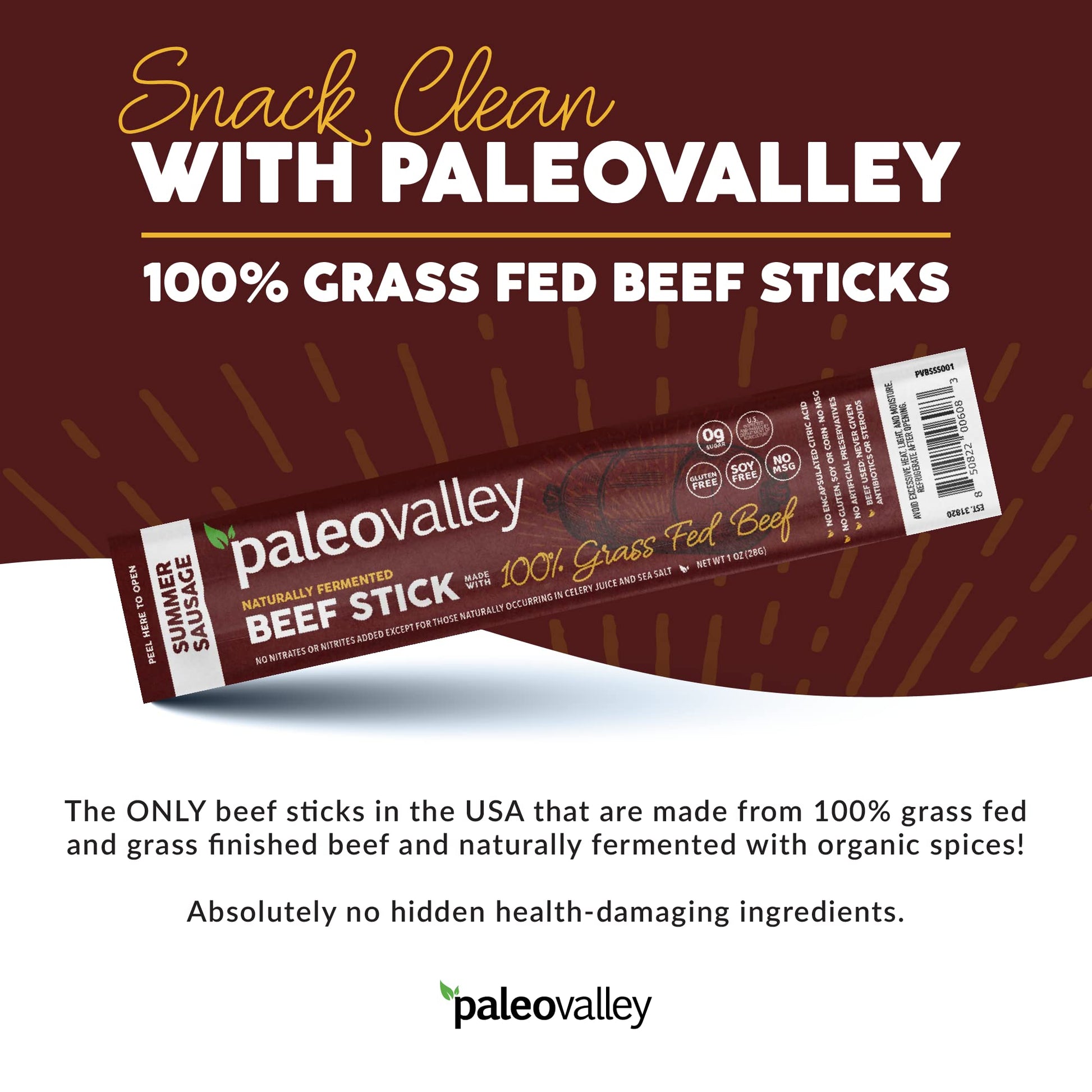 Paleovalley 100% Grass Fed Summer Sausage Beef Sticks - Delicious Gluten Free Beef Snack - High Protein Keto Friendly PaleovalleyBuy Supplements Australia