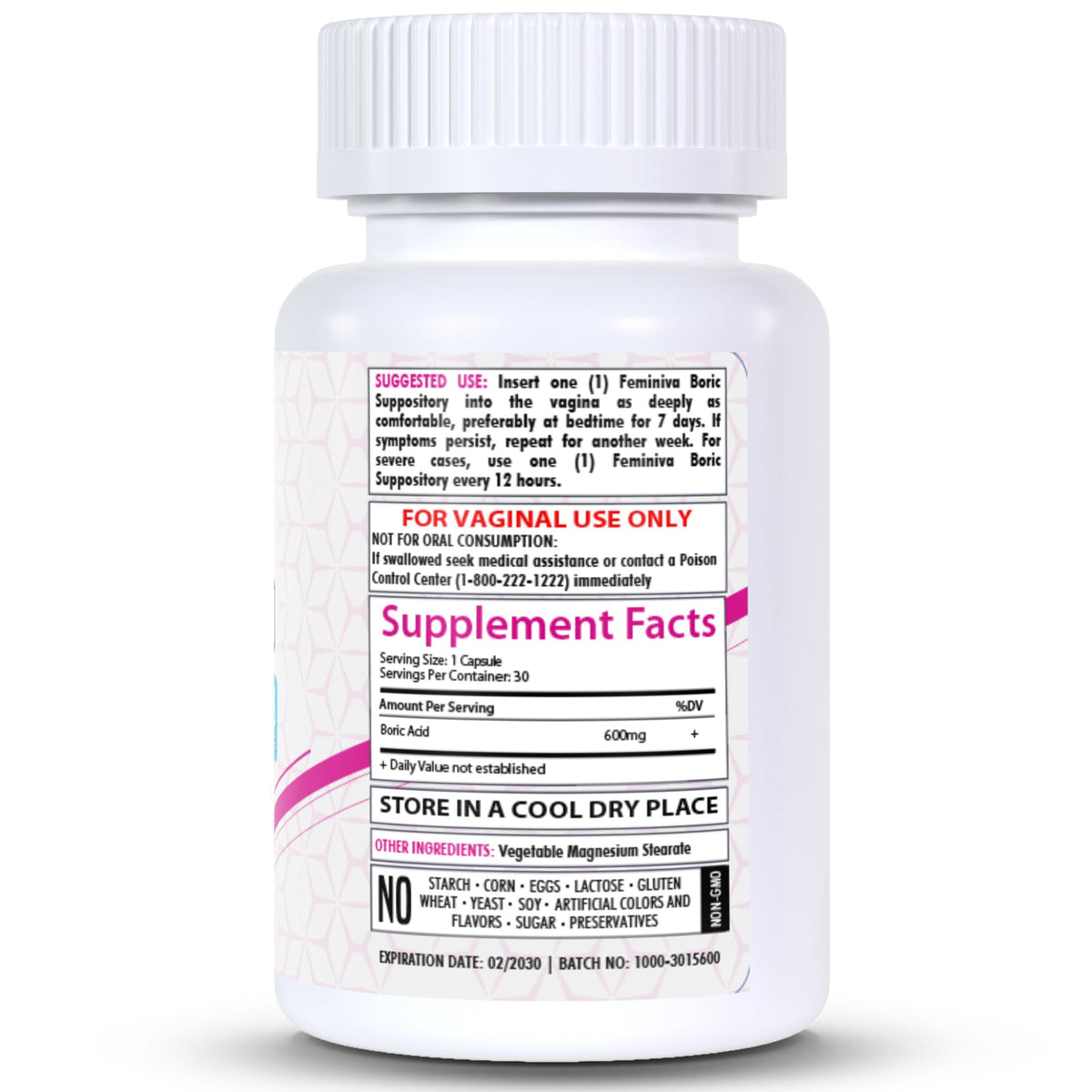 HealthFare Feminiva Boric Acid Vaginal Suppositories - 30 Count, 600mg, Intimate Health Support - 100% HealthfareBuy Supplements Australia