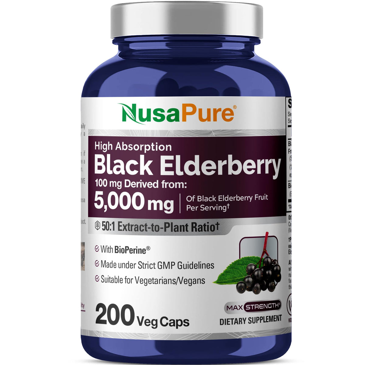 NusaPure Black Elderberry 50:1 Extract, 100 mg Equivalent to 5,000mg per Veggie Capsules, 200 Count (Vegan, Non-GMO, Bioperine) Dietary Supplement NusaPureBuy Supplements Australia