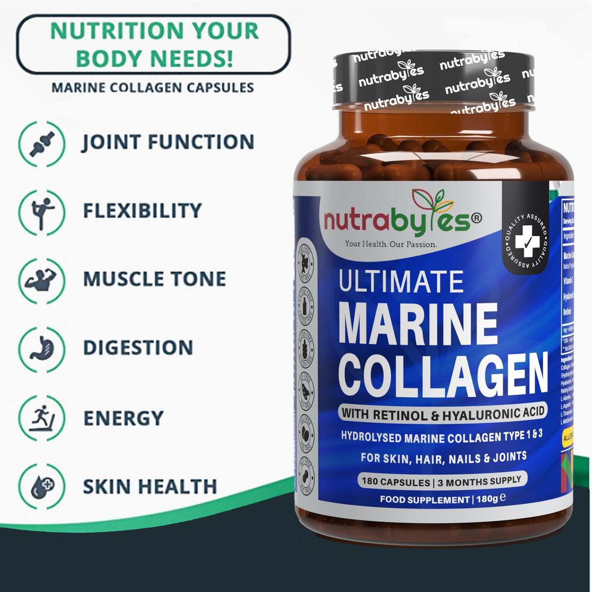 High Strength Marine Collagen with Hyaluronic Acid, Retinol and Vitamin C | 180 Capsules - 3 Months Supply NUTRABYTESBuy Supplements Australia