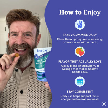 FIRST DAY Men’s Daily Nootropic Brain Supplement Gummies for Focus, Memory & Mental Energy | with Cognizin® Citicoline, Phosphatidylserine & Natural Caffeine | Vegan, Allergen-Free | 30-Day Supply FIRST DAYBuy Supplements Australia