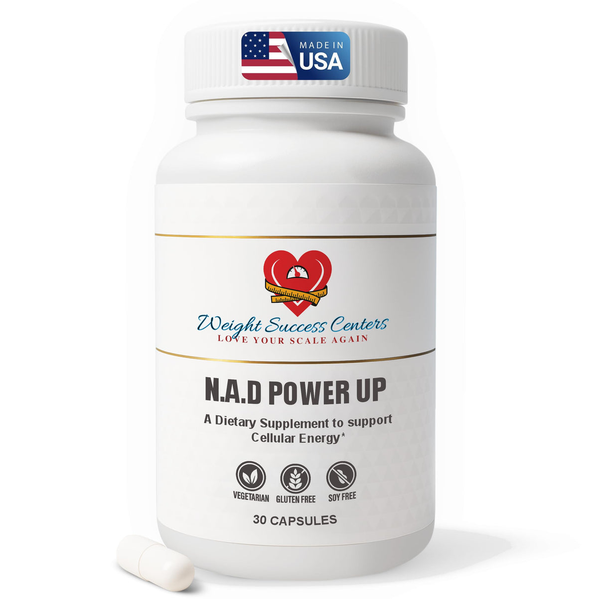 Supplement bottle labeled 'N.A.D Power Up' from Weight Success Centers on a white background