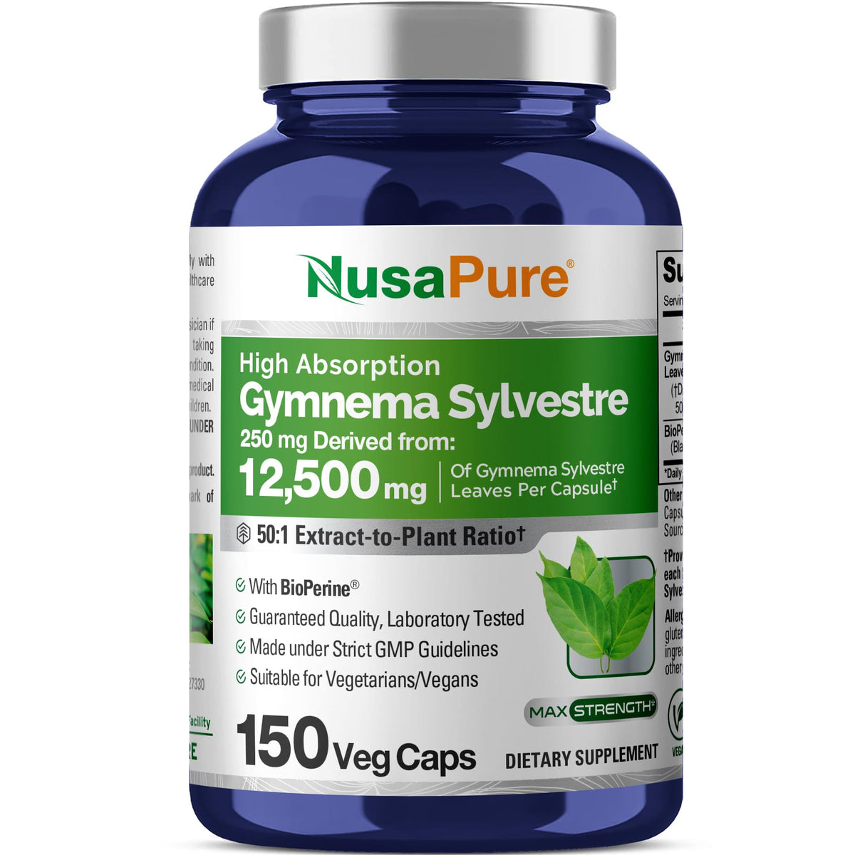 NusaPure Gymnema Sylvestre 50:1 Extract, 250 mg Equivalent to 12,500mg Per Vegan Caps - 150 Count (Non-GMO, Vegan, Bioperine) NusaPureBuy Supplements Australia