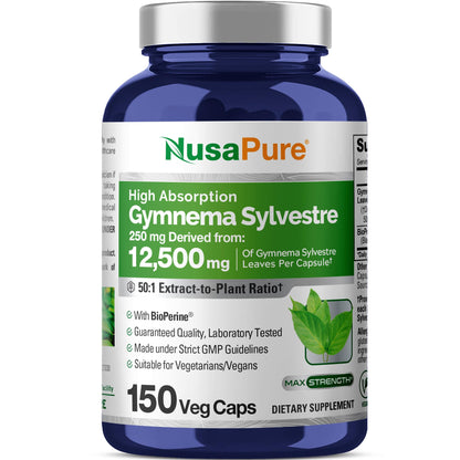 NusaPure Gymnema Sylvestre 50:1 Extract, 250 mg Equivalent to 12,500mg Per Vegan Caps - 150 Count (Non-GMO, Vegan, Bioperine) NusaPureBuy Supplements Australia