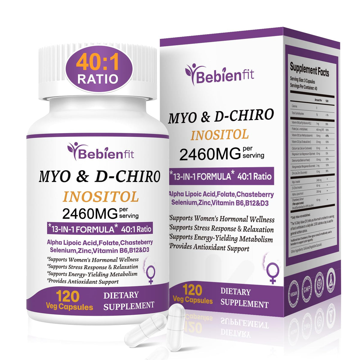 13-in-1 Myo Inositol & D-Chiro Inositol for Women PCOS,Hormonal Balance,2460mg-40:1 Ratio,Ovarian Health&Cycle Support Supplement Plus Alpha Lipoic Acid/Folate/Vitex/Magnesium/Multivitamin,120 Veg Cap Bebien fitBuy Supplements Australia