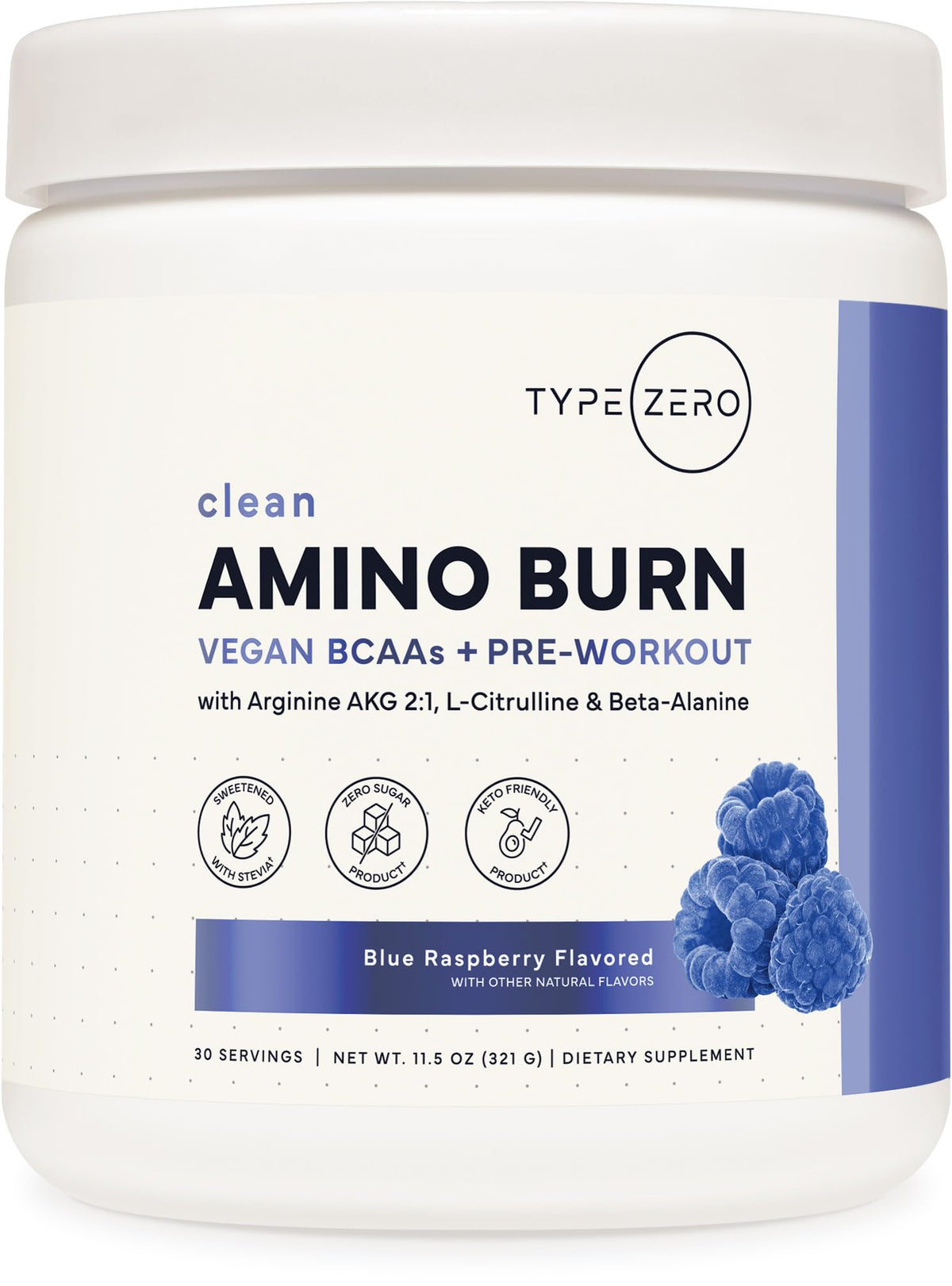 Type Zero Amino Burn - Vegan BCAA + Clean Pre Workout Powder with Arginine AKG, L-Citrulline & Beta Alanine - Amino Acid Clean Energy, Endurance & Hydration Supplement - Blue Raspberry, 30 Servings Type ZeroBuy Supplements Australia