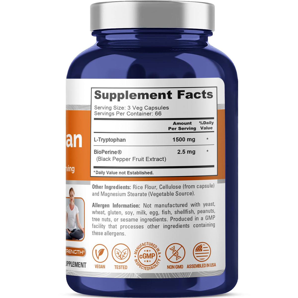 NusaPure L-Tryptophan - Suitable for Vegetarian/Vegan, Non - GMO - 1500mg 200 Capsules NusaPureBuy Supplements Australia