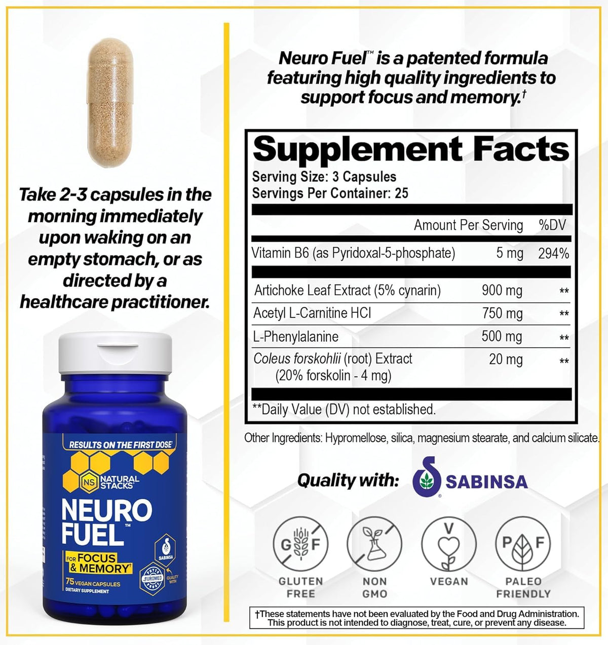 NATURAL STACKS Original NeuroFuel Nootropic Brain Support Supplement - 750mg L-Carnitine & 500mg L-Phenylalanine - Brain Supplement for Memory and Focus* - 75 Focus Pills NATURAL STACKSBuy Supplements Australia