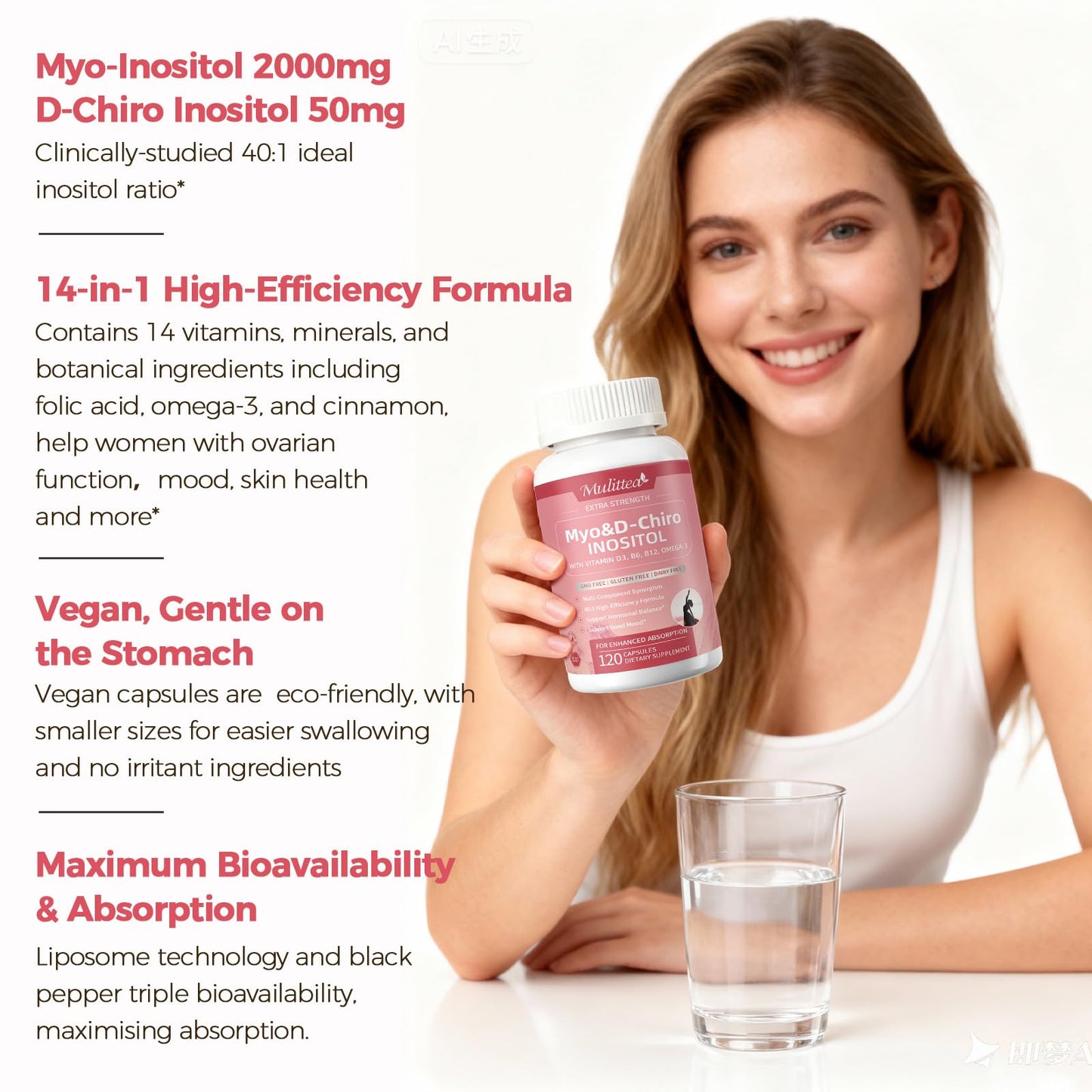 Mulittea Myo-Inositol & D-Chiro Supplement for Women - 14-in-1 Liposomal Inositol with Folic Acid,Omega-3 & Multivitamin for Hormone Balance,Support Ovarian,Skin & Mood- 40:1 Vegan 120 Capsules MulitteaBuy Supplements Australia