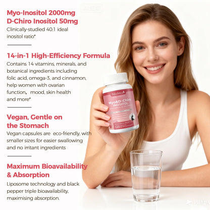 Mulittea Myo-Inositol & D-Chiro Supplement for Women - 14-in-1 Liposomal Inositol with Folic Acid,Omega-3 & Multivitamin for Hormone Balance,Support Ovarian,Skin & Mood- 40:1 Vegan 120 Capsules MulitteaBuy Supplements Australia