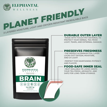 Elephantal Wellness Premium Brain Herbal Tea | Nootropic Focus & Mental Clarity with Ginkgo, Bacopa, Gotu Kola & Rosemary | Non-GMO, Caffeine-Free Coffee Alternative, Handmade Loose Leaf Blend, 2oz Loose Leaf, 20 Servings Elephantal WellnessBuy Supplements Australia