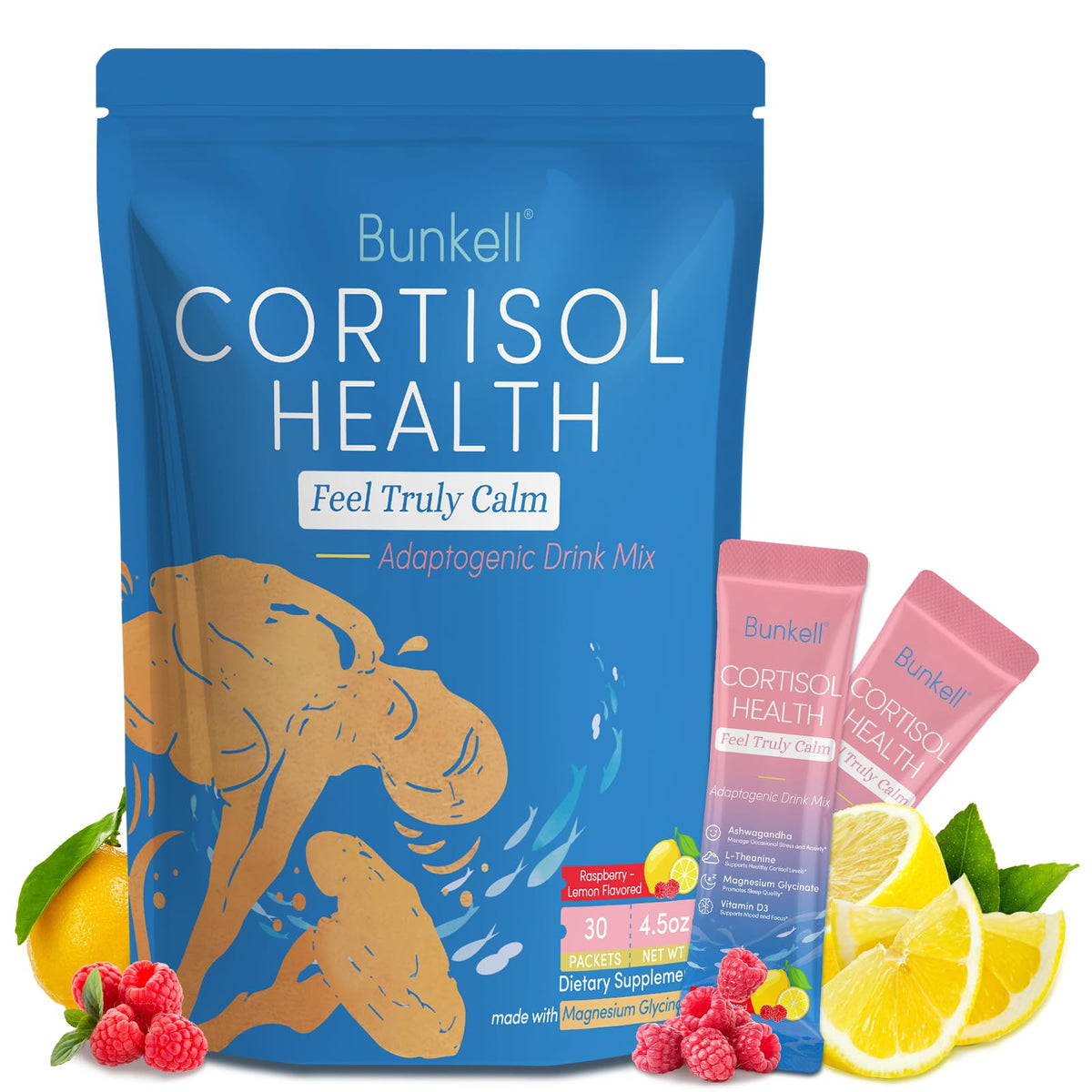Bunkell Cortisol Powdered Drink Mix, Made with Magnesium Glycinate, L-Theanine, Ashwagandha & Vitamin D3, Cortisol Supplements for Relaxation, Focus & Calm Support, Raspberry Lemonade Flavor, 30 Ct BunkellBuy Supplements Australia