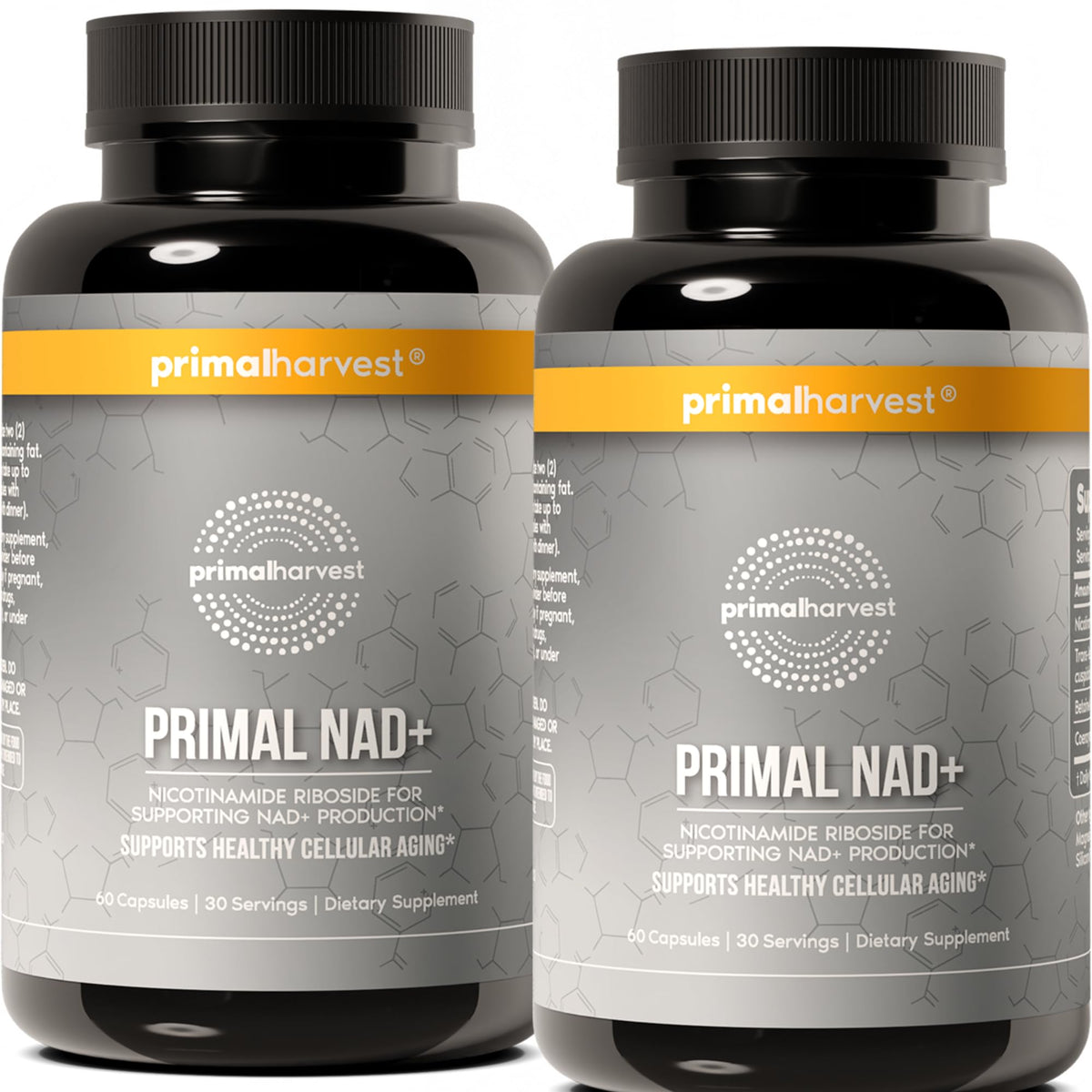 Two bottles of Primal NAD+ supplement by Primalharvest on a white background
