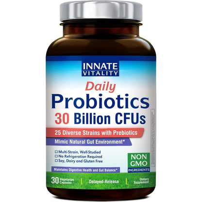 Innate Vitality Daily Probiotics for Women & Men, 30 Billion CFU of 25 Strains, Prebiotics, for Digestive Health Diarrhea Constipation Bloating & Gas Relief, Delayed Release, No Gluten, Vegan, 30 Caps Innate VitalityBuy Supplements Australia