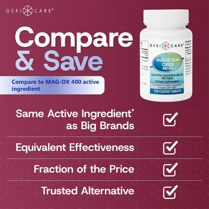GeriCare Magnesium Oxide Supplement 240 mg of Elemental Magnesium, 120 Tablets, Essential Mineral Support, Promotes Vascular Health, Bone Strength, and Muscle Function (Pack of 1) GeriCareBuy Supplements Australia