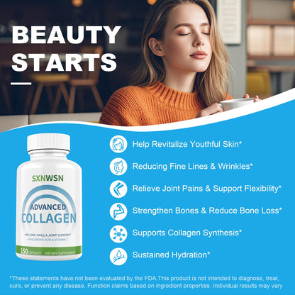 Advanced Multi Collagen Supplement with Vitamin C + Hyaluronic Acid - Hydrolyzed Collagen Peptides Supports for Skin, Joints & Hair* | Collagen Complex 150 Capsules for Women or Men SXNWSNBuy Supplements Australia