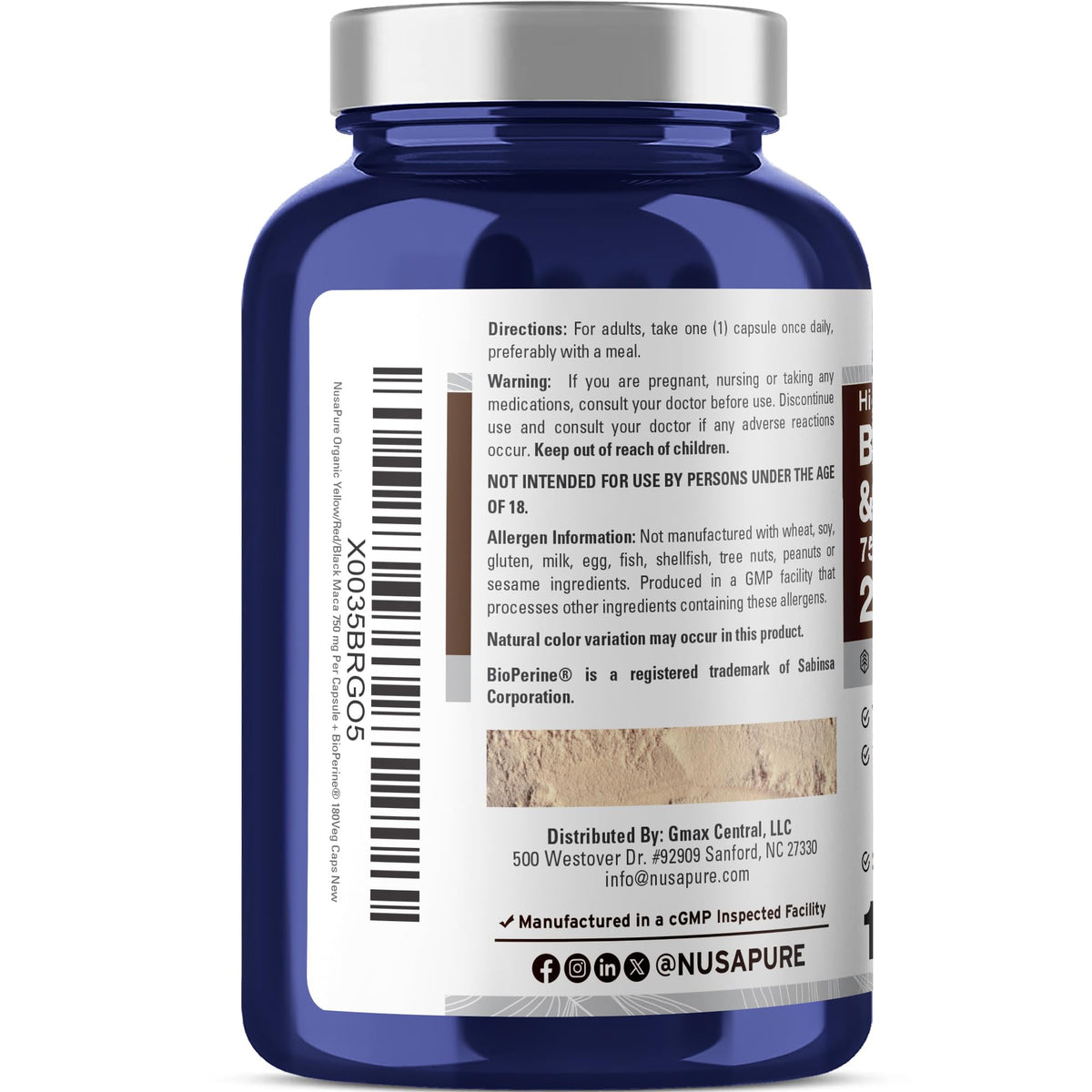 NusaPure Maca Root Black, Red, Yellow 20,000mg - 180 Vegan Capsules (Vegan,Non-GMO, Gluten Free) Bioperine NusaPureBuy Supplements Australia
