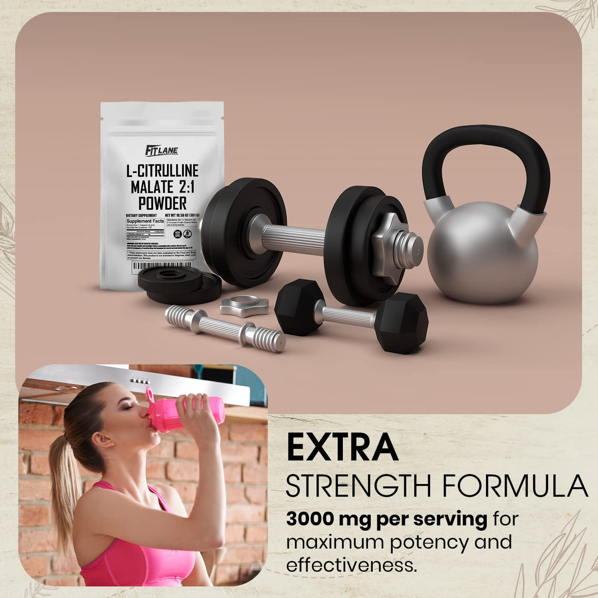 L Citrulline Malate 2 1 Powder 300 Grams - Bulk L Citrulline Powder - Free Form Amino Acid Pre Workout Supplement - Raw and Pure with no Additives by Fit Lane Nutrition.