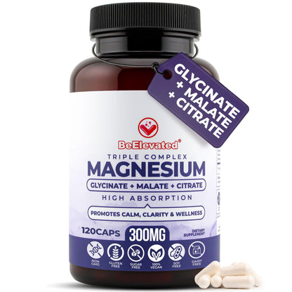 BeElevated High Absorption Triple Magnesium Complex for Sleep, Relaxation & Muscle Support – 300mg of Magnesium Glycinate, Citrate & Malate