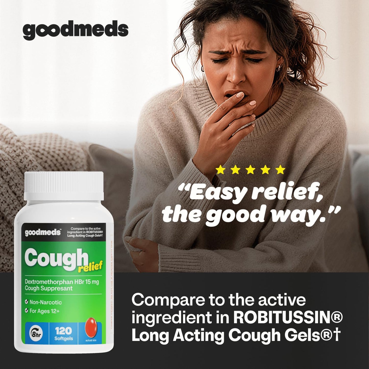GoodMeds Cough Relief for Adults Softgels Dextromethorphan HBr (DXM) 15mg 8Hour, Non-Drowsy, Long-Lasting Bronchial Suppressant for Dry Cough and Chest Congestion (120 Count) GoodMeds buy supplements Au