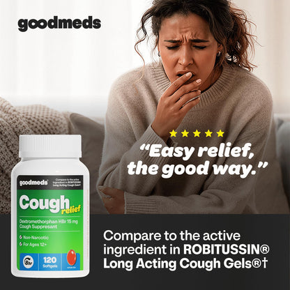 GoodMeds Cough Relief for Adults Softgels Dextromethorphan HBr (DXM) 15mg 8Hour, Non-Drowsy, Long-Lasting Bronchial Suppressant for Dry Cough and Chest Congestion (120 Count) GoodMeds buy supplements Au