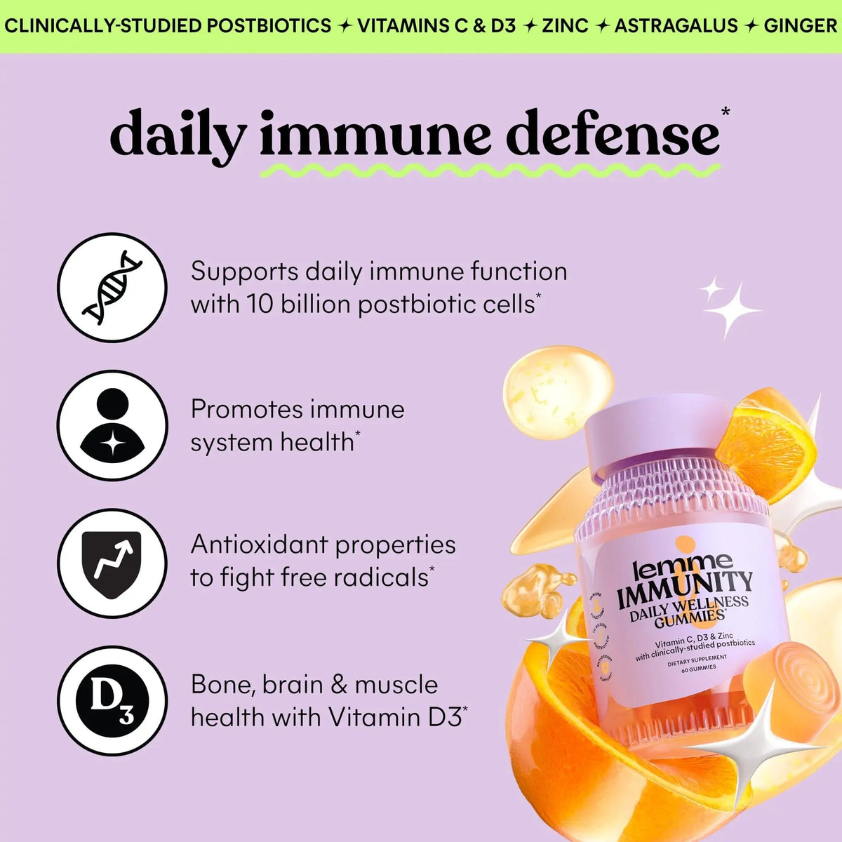 Lemme Immunity Postbiotic Gummies with Vitamin C, Vitamin D (2000 IU), Zinc, 10 Billion Postbiotic Cells, Astragalus for Immune Support - Vegetarian, Gluten Free, Sweet Orange (60 Count) LemmeBuy Supplements Australia