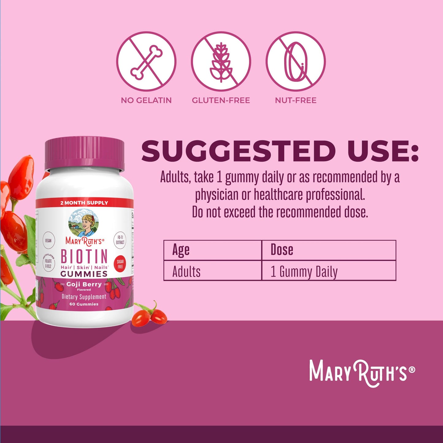 MaryRuth Organics Biotin Gummies | Sugar Free | Vegan | Non-GMO | 2,500 mcg Biotin Supplement | Hair Skin and Nails Vitamins | Hair Growth Vitamins | Hair Growth Supplement | 60 Count MARYRUTH'SBuy Supplements Australia