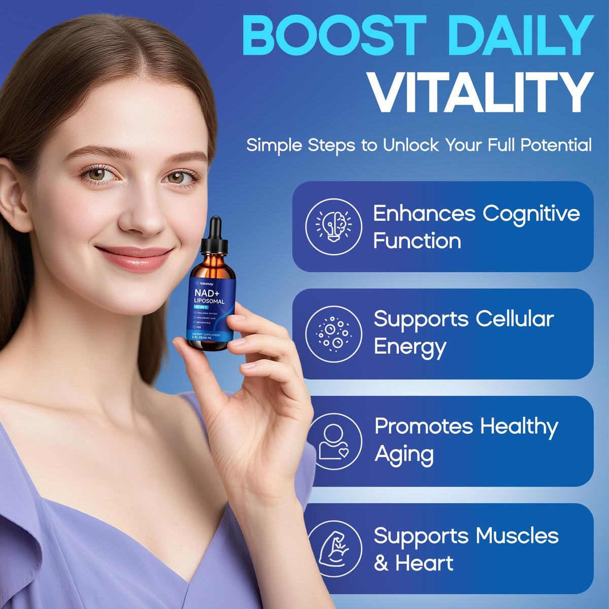 Liposomal NAD Liquid Supplement - 1500mg NAD+ Drops for Women & Men with Resveratrol & Nicotinamide Riboside, PQQ, Collagen & Turmeric for Anti-Aging & Longevity, Cellular Energy Health, 2 Fl Oz loiomayBuy Supplements Australia