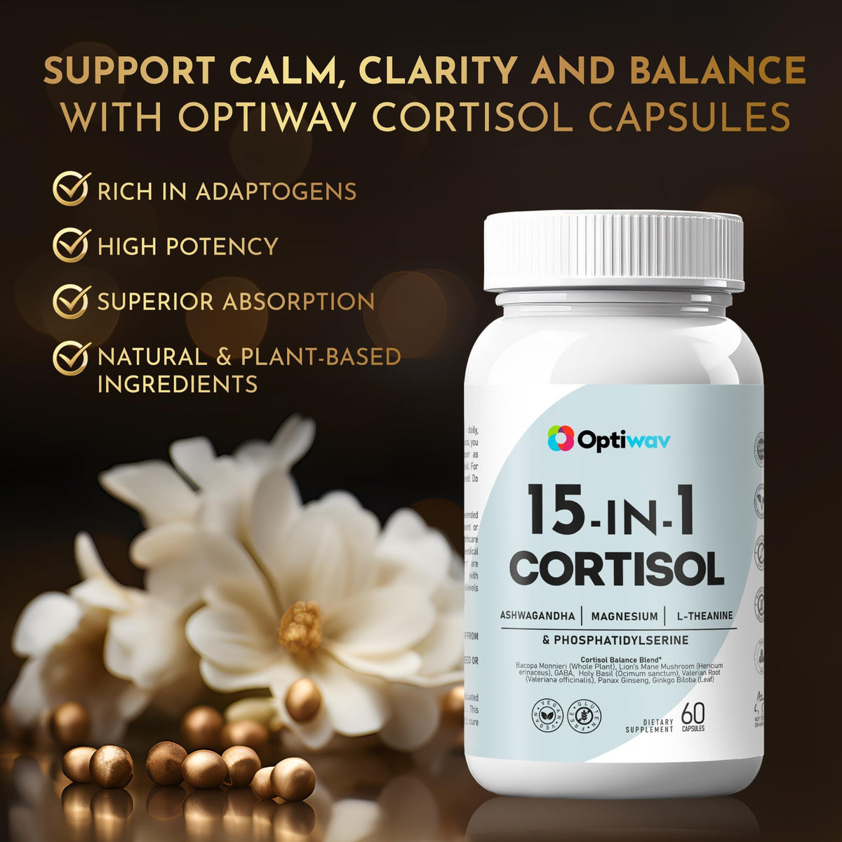 Optiwav Cortisol Detox Supplement for Women Men - Control & Lowering High Cortisol Level - Balance Calm Stress Relief Cleanse Adrenal Health Support - Magnesium Ashwagandha Cortisol Blocker Reducer OptiwavBuy Supplements Australia