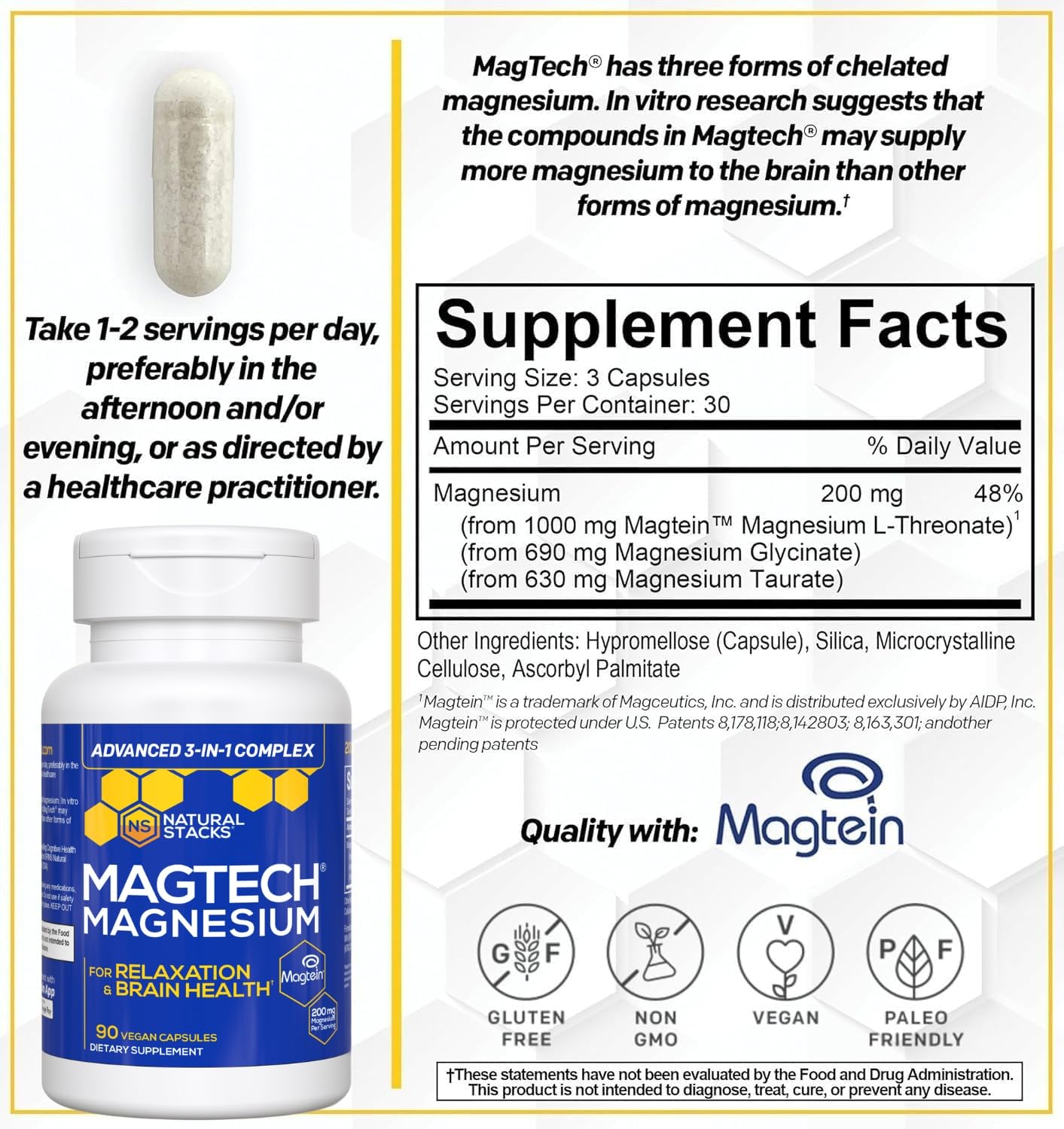 Magtein Magnesium L-Threonate, Glycinate & Taurate – 200mg Chelated Magnesium Complex – MagTech Magnesium Supplement for Relaxation & Brain Health – 90 Capsules NATURAL STACKSBuy Supplements Australia