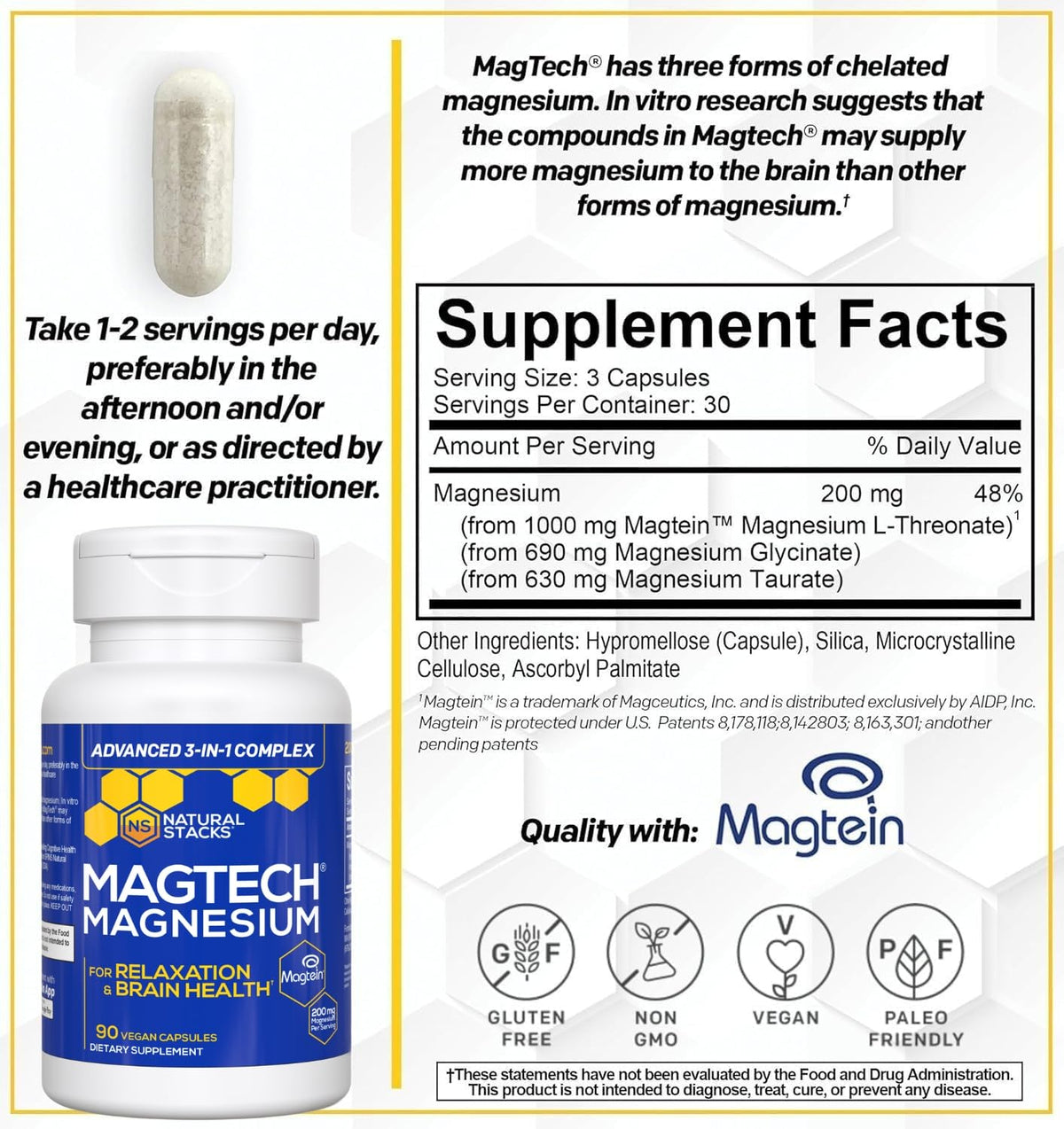 MagTech Magnesium Complex for Women & Men - 3 Forms of Magnesium: Glycinate, Magtein L-Threonate & Taurate - 200mg Chelated Complex