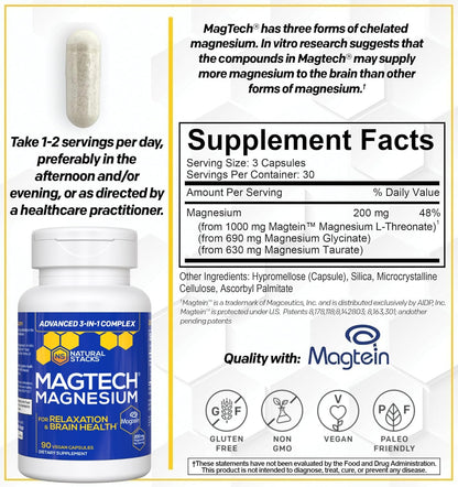 MagTech Magnesium Complex for Women & Men - 3 Forms of Magnesium: Glycinate, Magtein L-Threonate & Taurate - 200mg Chelated Complex